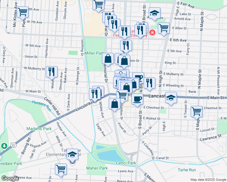 map of restaurants, bars, coffee shops, grocery stores, and more near 239 West Main Street in Lancaster
