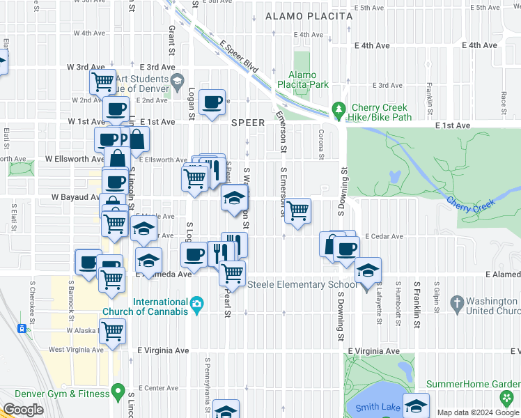 map of restaurants, bars, coffee shops, grocery stores, and more near 125 South Clarkson Street in Denver