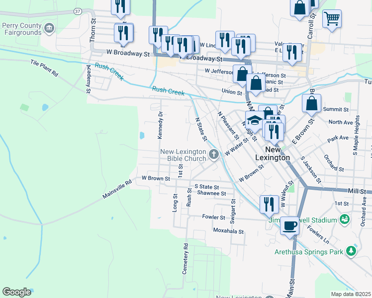 map of restaurants, bars, coffee shops, grocery stores, and more near 705 Saint Clair Street in New Lexington