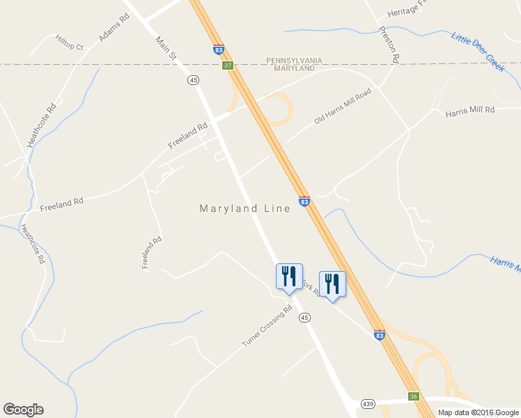 map of restaurants, bars, coffee shops, grocery stores, and more near 21503 York Road in Freeland