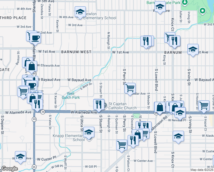 map of restaurants, bars, coffee shops, grocery stores, and more near 154 South Raleigh Street in Denver