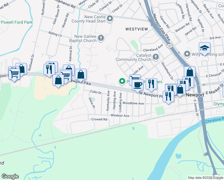 map of restaurants, bars, coffee shops, grocery stores, and more near 2 Harding Avenue in Wilmington