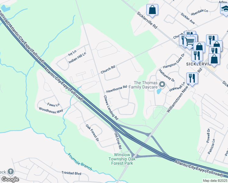 map of restaurants, bars, coffee shops, grocery stores, and more near 6 Hawthorne Road in Sicklerville