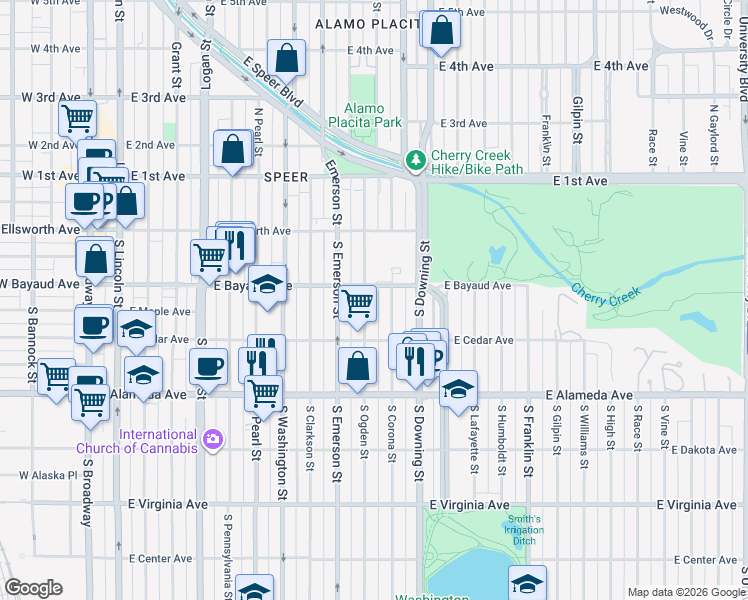 map of restaurants, bars, coffee shops, grocery stores, and more near 122 South Ogden Street in Denver