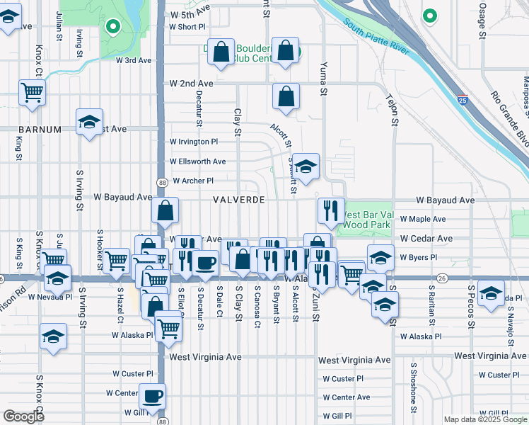 map of restaurants, bars, coffee shops, grocery stores, and more near 147 South Canosa Court in Denver
