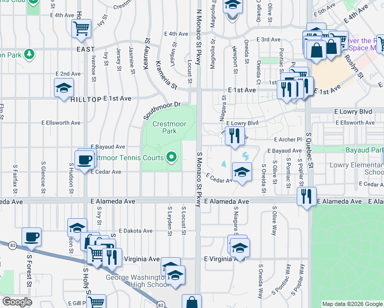 map of restaurants, bars, coffee shops, grocery stores, and more near 198 South Monaco Parkway in Denver