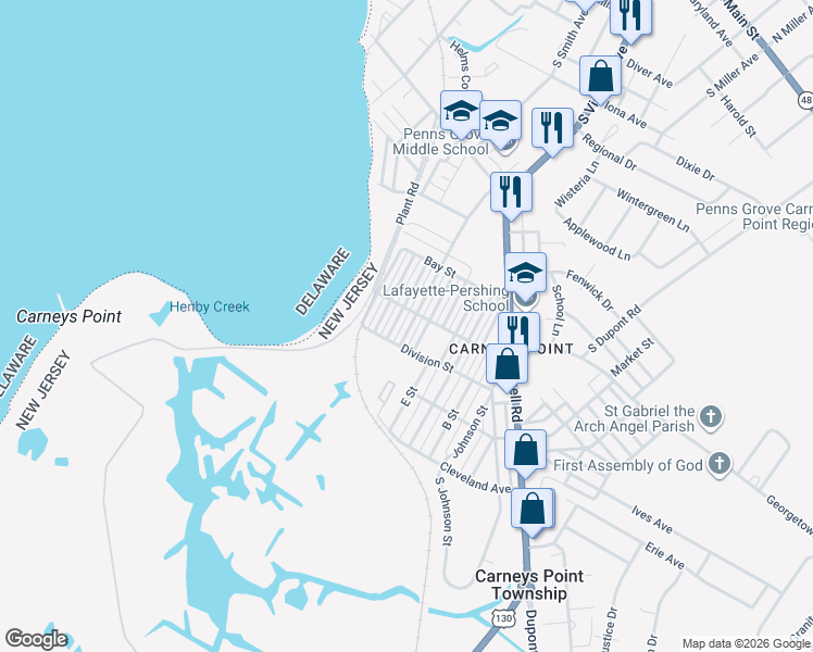 map of restaurants, bars, coffee shops, grocery stores, and more near 257 H Street in Carneys Point Township