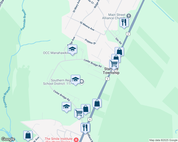 map of restaurants, bars, coffee shops, grocery stores, and more near 48 Fairview Terrace in Stafford Township