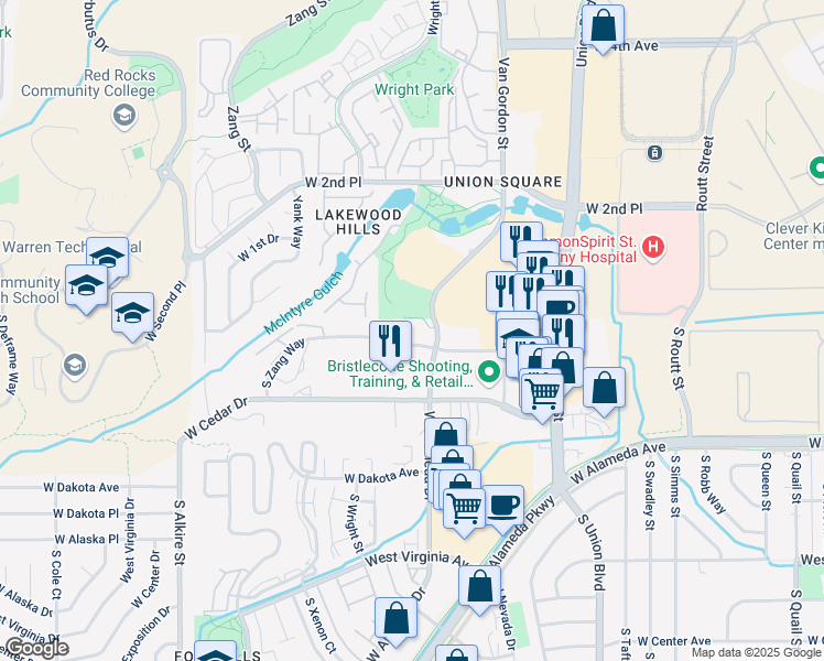 map of restaurants, bars, coffee shops, grocery stores, and more near 12265 West Bayaud Avenue in Lakewood