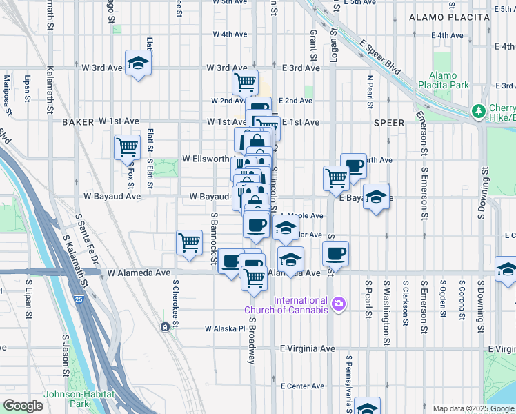 map of restaurants, bars, coffee shops, grocery stores, and more near 135 South Broadway in Denver