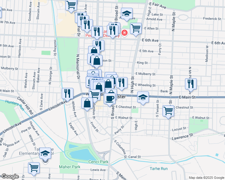 map of restaurants, bars, coffee shops, grocery stores, and more near 111 North Broad Street in Lancaster