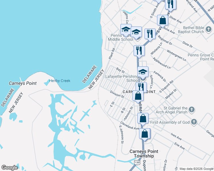 map of restaurants, bars, coffee shops, grocery stores, and more near 256 H Street in Carneys Point Township