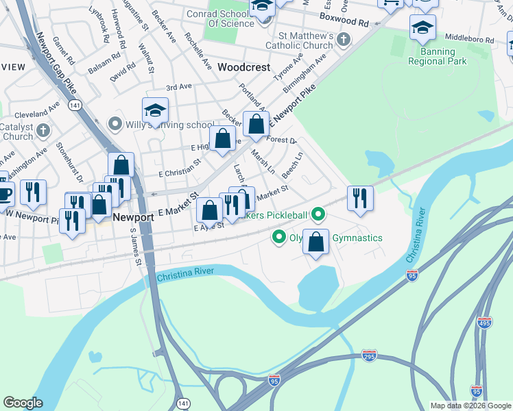 map of restaurants, bars, coffee shops, grocery stores, and more near 125 Larch Avenue in Wilmington