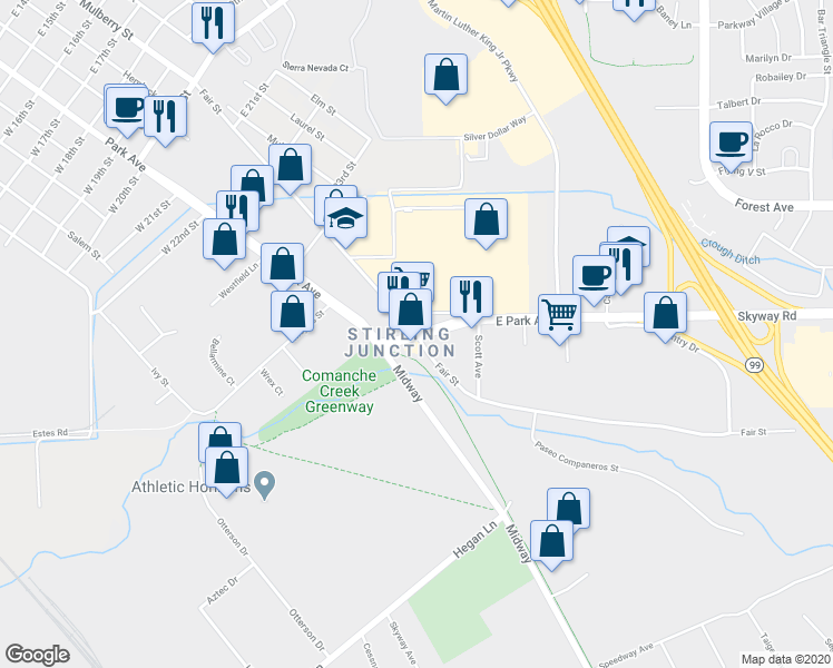 map of restaurants, bars, coffee shops, grocery stores, and more near Fair Street in Chico