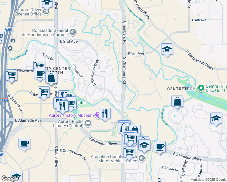 map of restaurants, bars, coffee shops, grocery stores, and more near 153 South Granby Court in Aurora