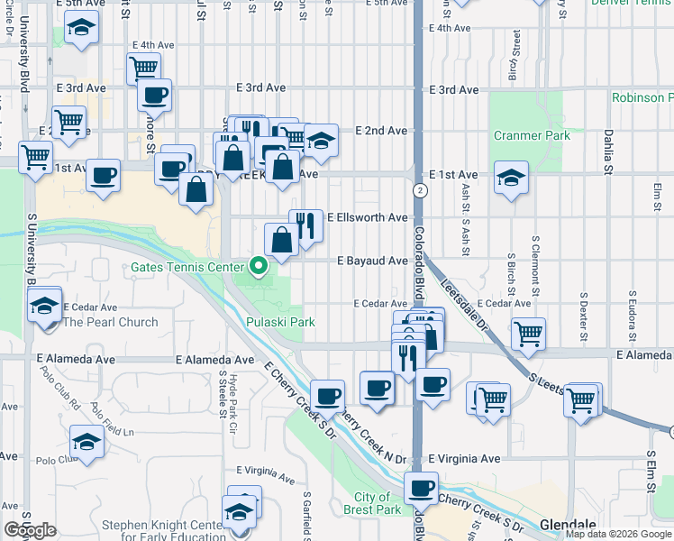 map of restaurants, bars, coffee shops, grocery stores, and more near 128 South Monroe Street in Denver