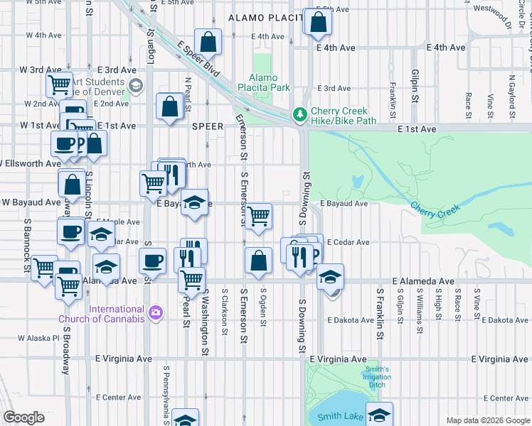 map of restaurants, bars, coffee shops, grocery stores, and more near 137 South Ogden Street in Denver