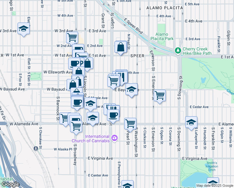 map of restaurants, bars, coffee shops, grocery stores, and more near 137 South Pennsylvania Street in Denver