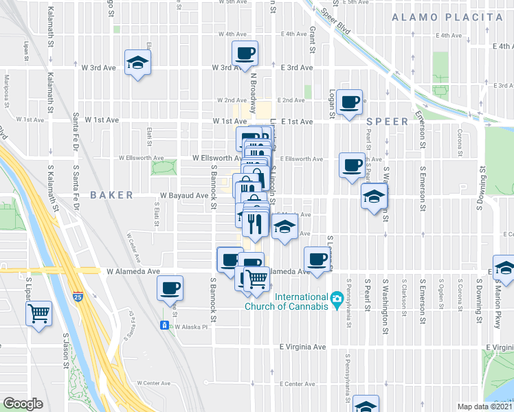 map of restaurants, bars, coffee shops, grocery stores, and more near 135 South Broadway in Denver