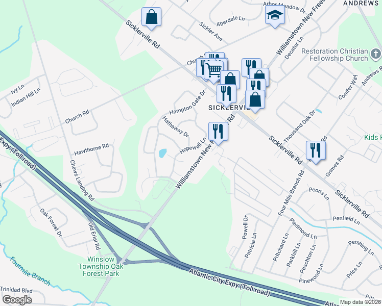 map of restaurants, bars, coffee shops, grocery stores, and more near 551 Williamstown Road in Sicklerville