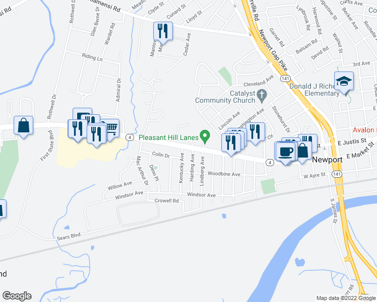 map of restaurants, bars, coffee shops, grocery stores, and more near 2 Harding Avenue in Wilmington