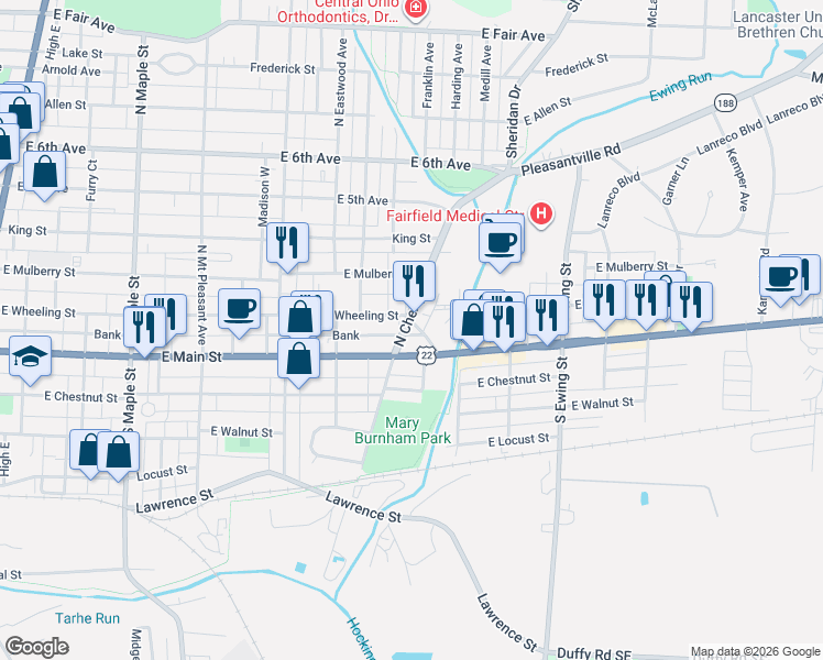 map of restaurants, bars, coffee shops, grocery stores, and more near 921 East Main Street in Lancaster