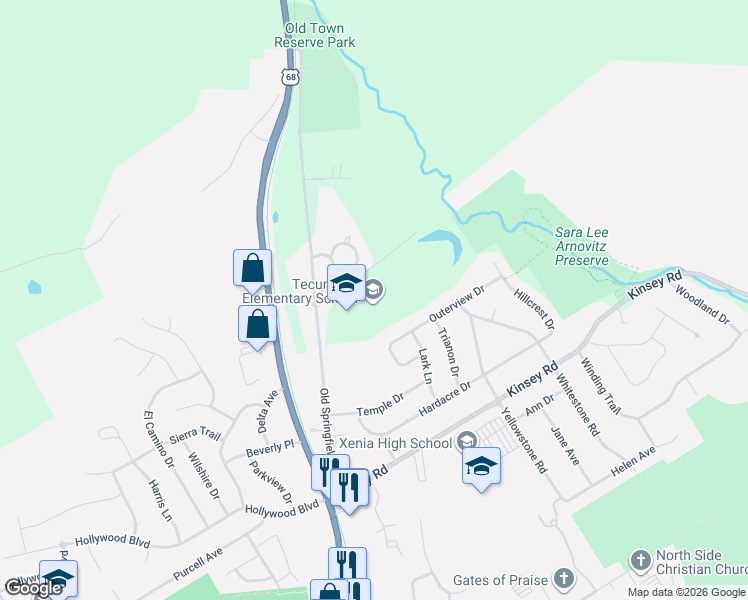 map of restaurants, bars, coffee shops, grocery stores, and more near 1058 Old Springfield Pike in Xenia