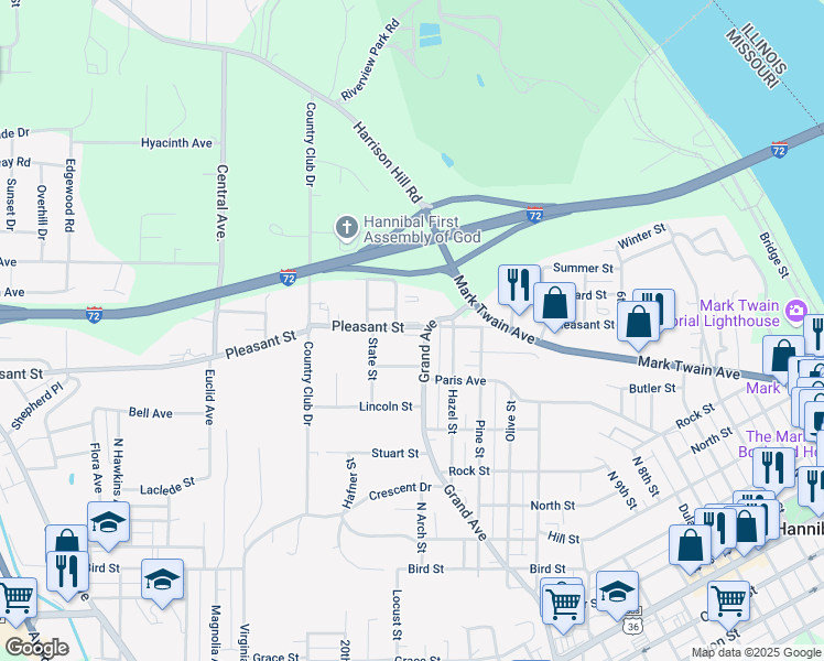 map of restaurants, bars, coffee shops, grocery stores, and more near 1703 Pleasant Street in Hannibal