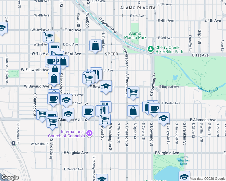 map of restaurants, bars, coffee shops, grocery stores, and more near 140 South Washington Street in Denver