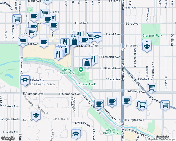 map of restaurants, bars, coffee shops, grocery stores, and more near 3400 East Bayaud Avenue in Denver