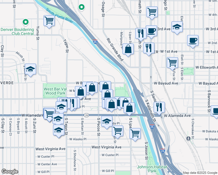 map of restaurants, bars, coffee shops, grocery stores, and more near 1331 West Maple Avenue in Denver