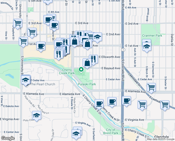 map of restaurants, bars, coffee shops, grocery stores, and more near 3400 East Bayaud Avenue in Denver