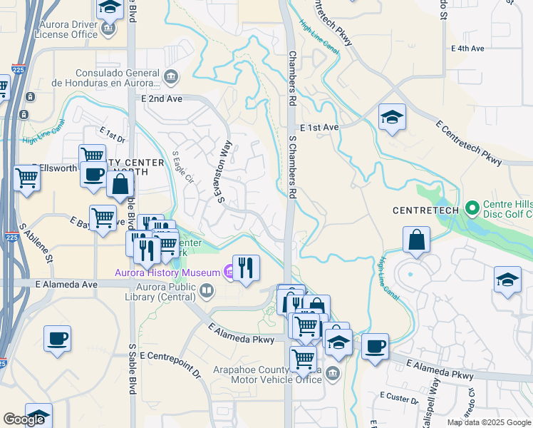 map of restaurants, bars, coffee shops, grocery stores, and more near 153 South Granby Court in Aurora