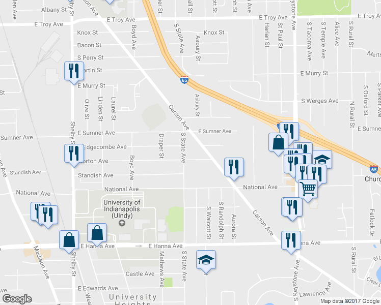 map of restaurants, bars, coffee shops, grocery stores, and more near 3715 S State Ave in Indianapolis