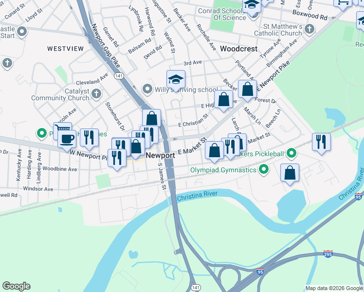 map of restaurants, bars, coffee shops, grocery stores, and more near 117 East Market Street in Newport
