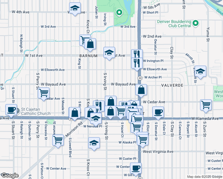 map of restaurants, bars, coffee shops, grocery stores, and more near 150 South Hooker Street in Denver