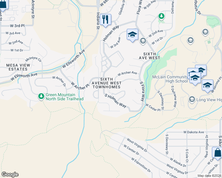 map of restaurants, bars, coffee shops, grocery stores, and more near 116 South Holman Way in Golden
