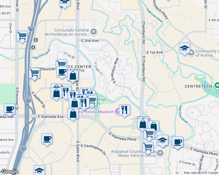 map of restaurants, bars, coffee shops, grocery stores, and more near 122 South Altura Court in Aurora