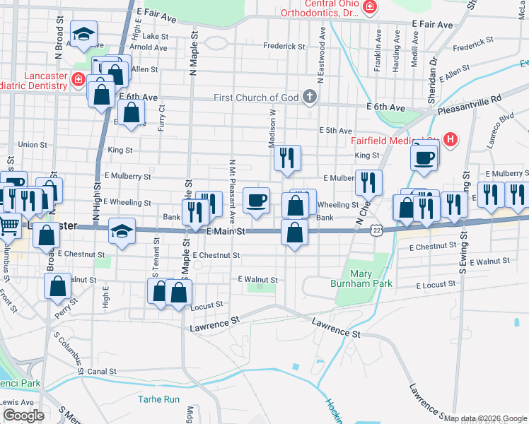map of restaurants, bars, coffee shops, grocery stores, and more near 115 Starrit Street in Lancaster
