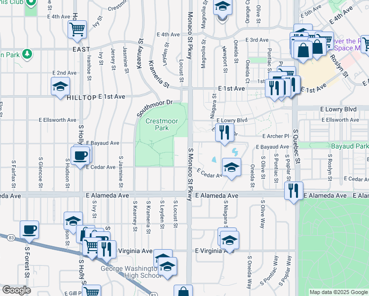 map of restaurants, bars, coffee shops, grocery stores, and more near 198 South Monaco Parkway in Denver