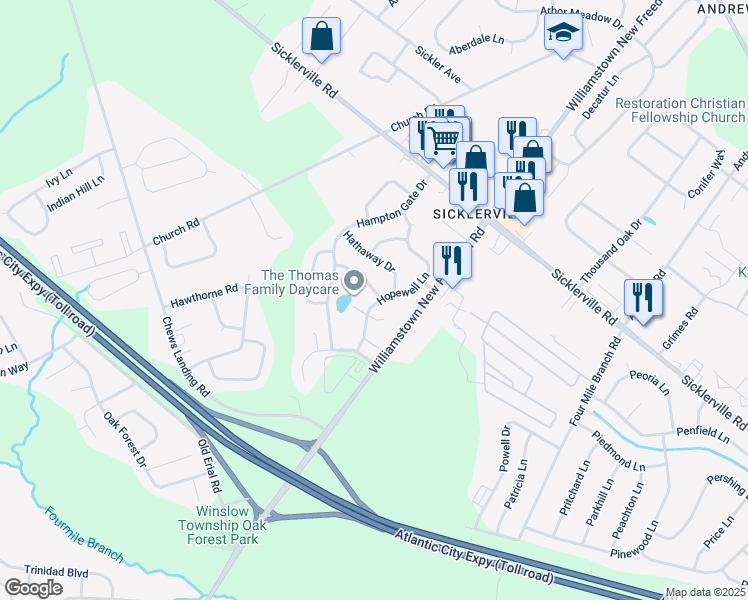 map of restaurants, bars, coffee shops, grocery stores, and more near 1 Hickory Court in Winslow Township