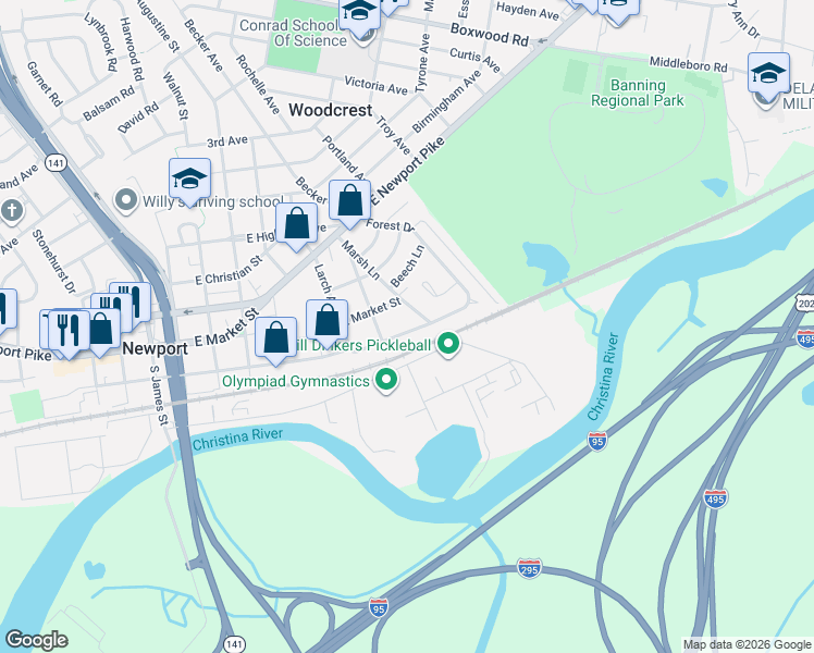 map of restaurants, bars, coffee shops, grocery stores, and more near 1414 East Ayre Street in Wilmington