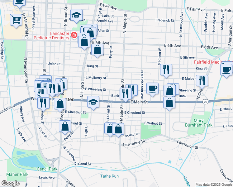 map of restaurants, bars, coffee shops, grocery stores, and more near 427 East Main Street in Lancaster