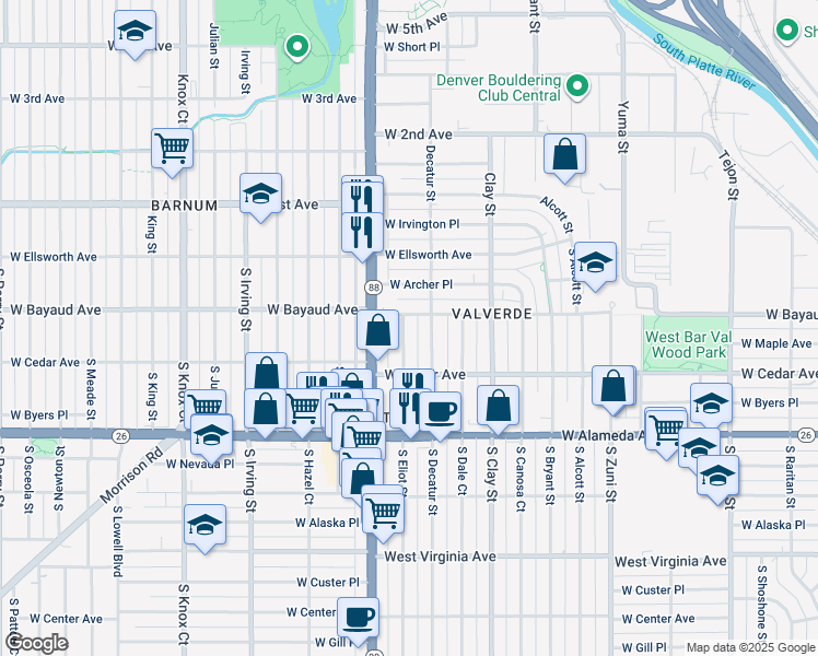 map of restaurants, bars, coffee shops, grocery stores, and more near 120 South Eliot Street in Denver