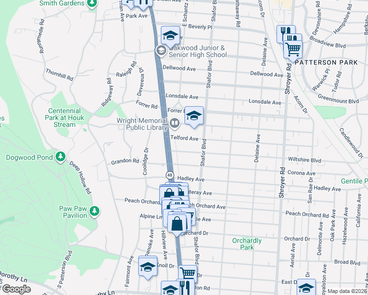 map of restaurants, bars, coffee shops, grocery stores, and more near 4 Wiltshire Boulevard in Dayton