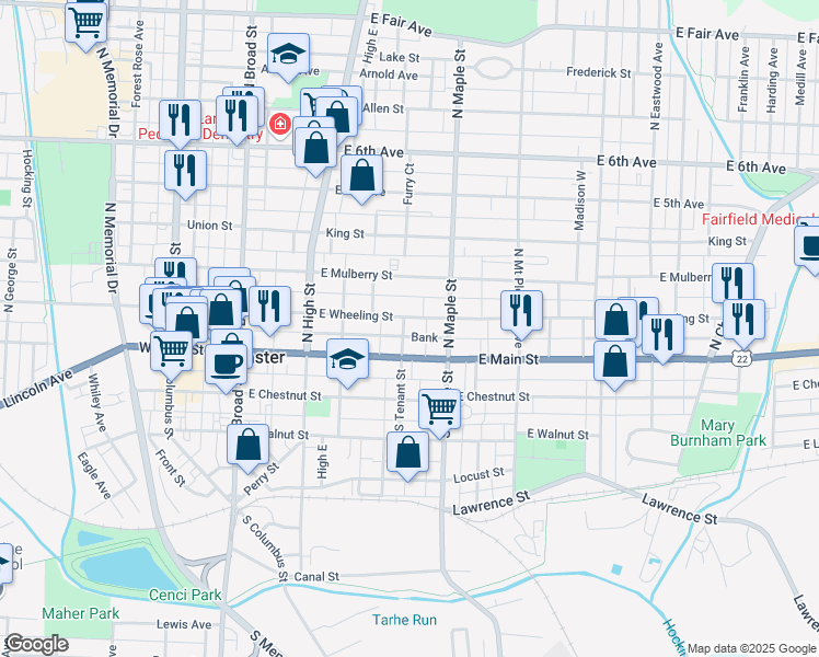 map of restaurants, bars, coffee shops, grocery stores, and more near 402 East Wheeling Street in Lancaster
