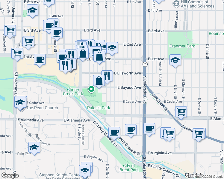 map of restaurants, bars, coffee shops, grocery stores, and more near in Denver