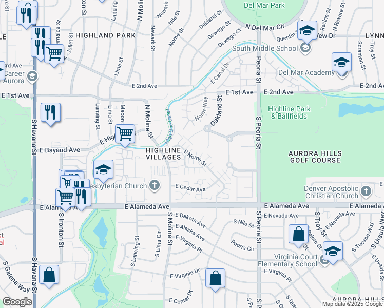 map of restaurants, bars, coffee shops, grocery stores, and more near 61 South Nome Street in Aurora