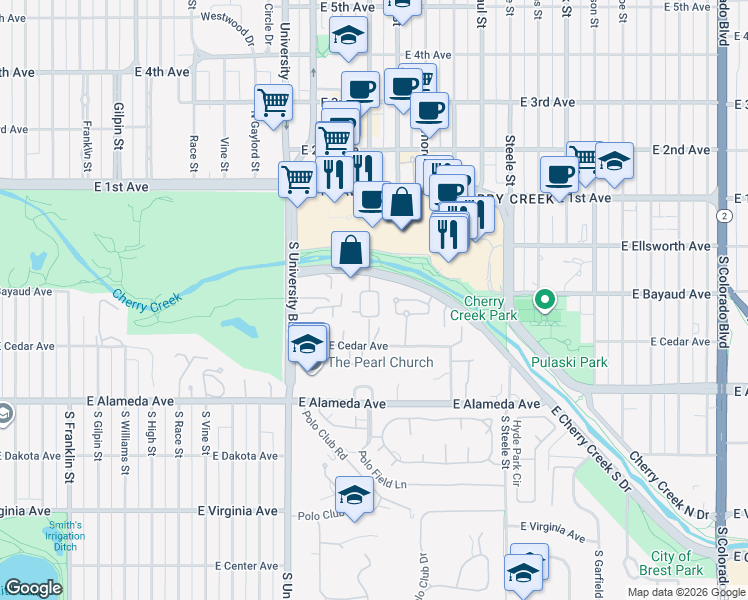 map of restaurants, bars, coffee shops, grocery stores, and more near 2628 Cherry Creek South Drive in Denver
