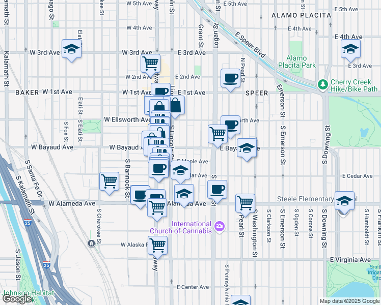 map of restaurants, bars, coffee shops, grocery stores, and more near 110 South Sherman Street in Denver